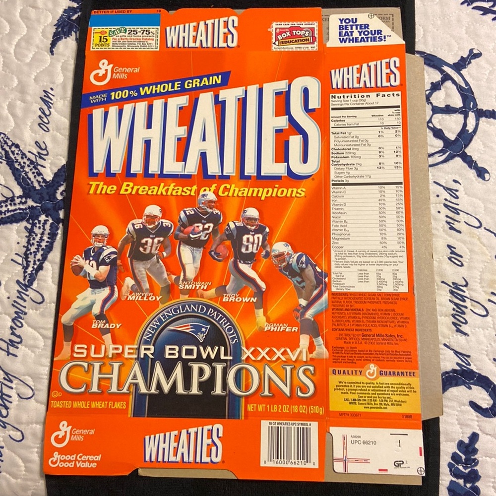 Unused “flat” of Wheaties Super Bowl XXXVI Champions, New England Patriots.